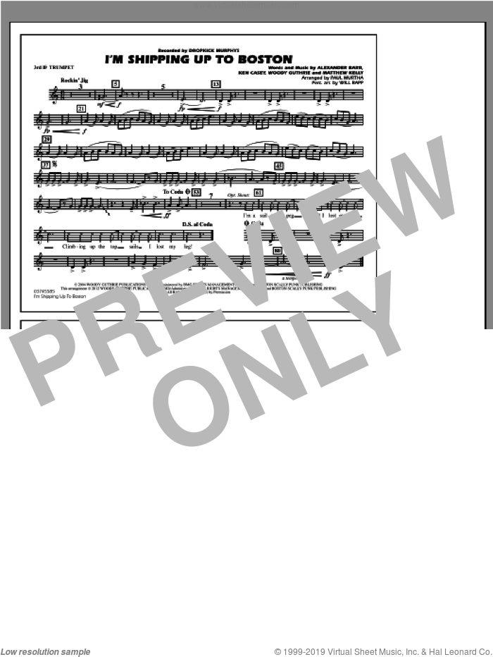 I'm Shipping Up To Boston sheet music for marching band (3rd Bb trumpet) by Woody Guthrie, Alexander Barr, Ken Casey, Matthew Kelly, Dropkick Murphys, Paul Murtha and Will Rapp, intermediate skill level