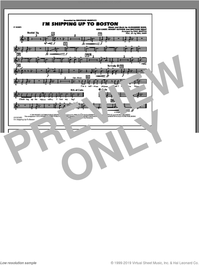 I'm Shipping Up To Boston sheet music for marching band (f horn) by Woody Guthrie, Alexander Barr, Ken Casey, Matthew Kelly, Dropkick Murphys, Paul Murtha and Will Rapp, intermediate skill level