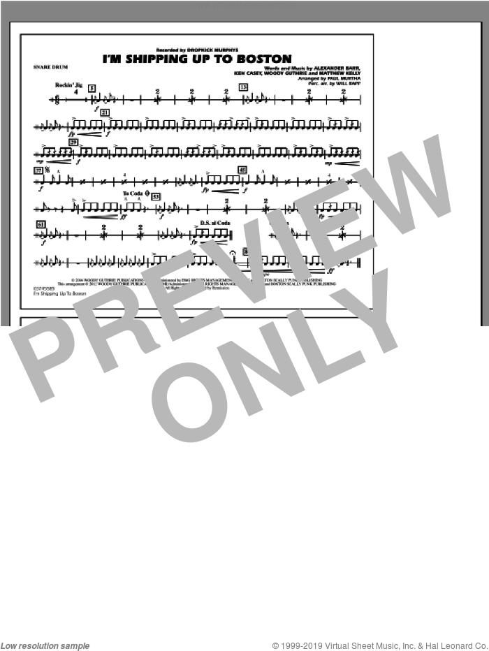 I'm Shipping Up To Boston sheet music for marching band (snare drum) by Woody Guthrie, Alexander Barr, Ken Casey, Matthew Kelly, Dropkick Murphys, Paul Murtha and Will Rapp, intermediate skill level