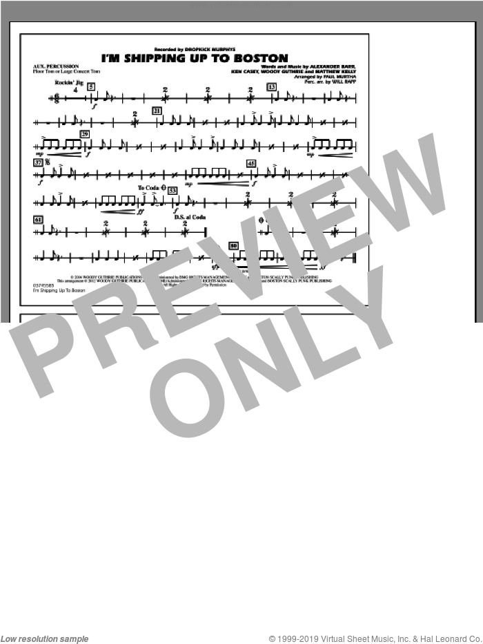 I'm Shipping Up To Boston sheet music for marching band (aux percussion) by Woody Guthrie, Alexander Barr, Ken Casey, Matthew Kelly, Dropkick Murphys, Paul Murtha and Will Rapp, intermediate skill level