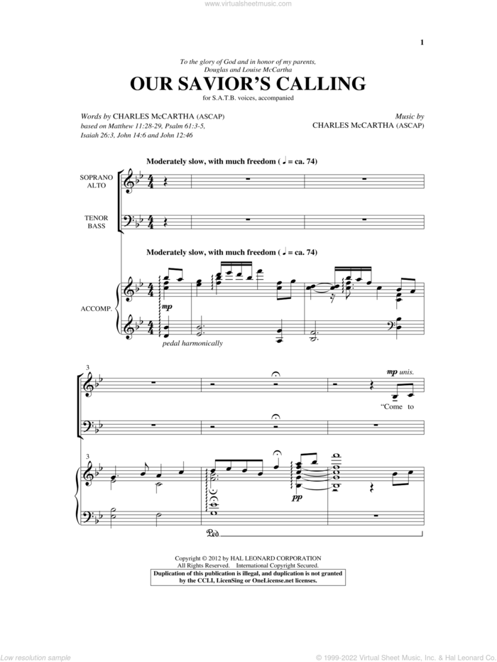 Our Savior's Calling sheet music for choir (SATB: soprano, alto, tenor, bass) by Charles McCartha, intermediate skill level