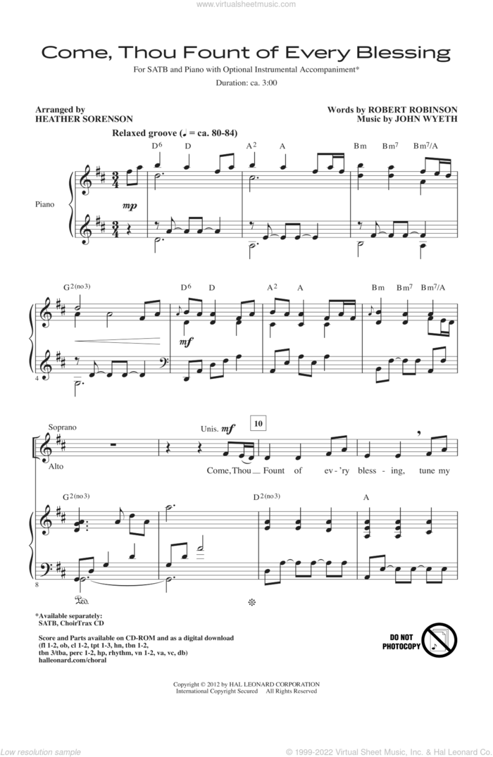 Come, Thou Fount Of Every Blessing sheet music for choir (SATB: soprano, alto, tenor, bass) by Robert Robinson, Heather Sorenson and John Wyeth, intermediate skill level