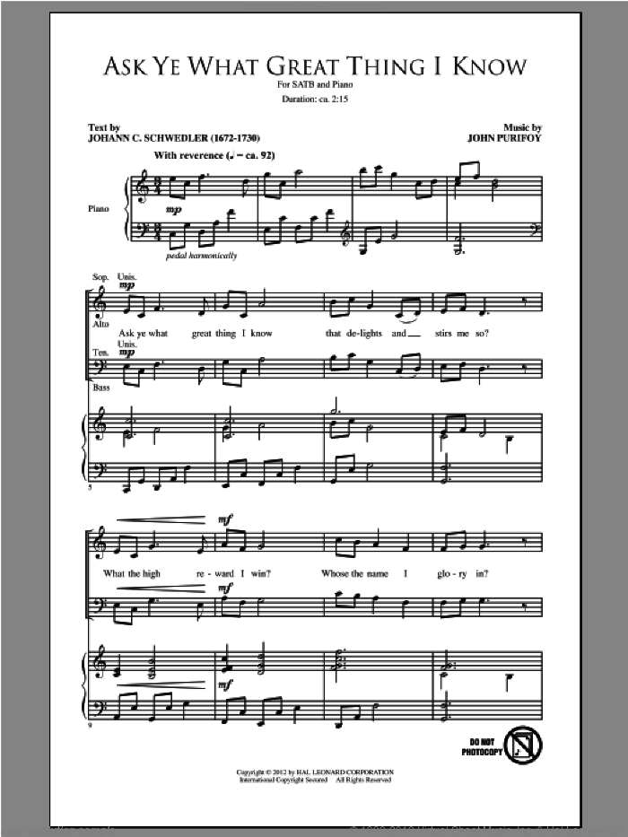 Ask Ye What Great Thing I Know sheet music for choir (SATB: soprano, alto, tenor, bass) by John Purifoy and Johann Schwedler, intermediate skill level