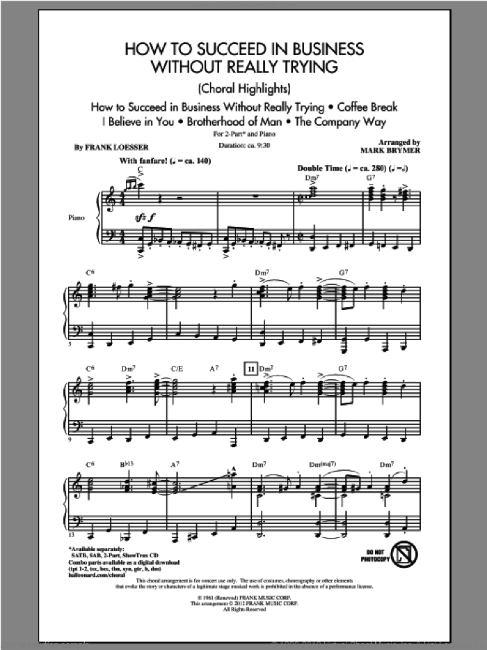 How to Succeed In Business Without Really Trying (Medley) sheet music for choir (2-Part) by Frank Loesser and Mark Brymer, intermediate duet