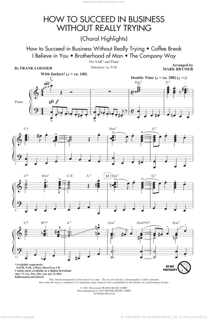 How to Succeed In Business Without Really Trying (Medley) sheet music for choir (SAB: soprano, alto, bass) by Mark Brymer and Frank Loesser, intermediate skill level