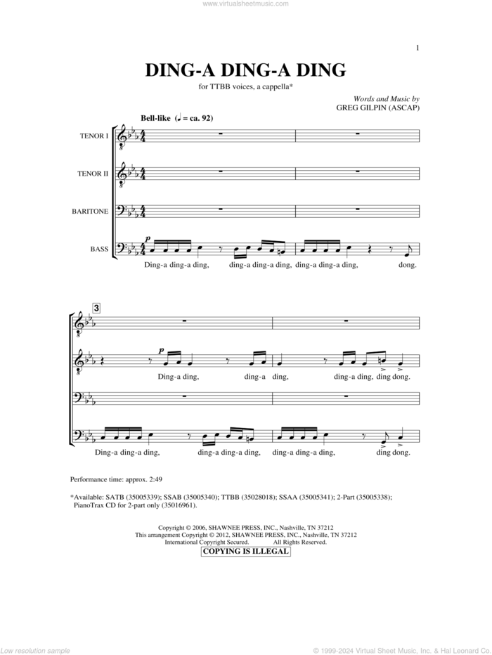 Ding A Ding A Ding sheet music for choir (TTBB: tenor, bass) by Greg Gilpin, intermediate skill level