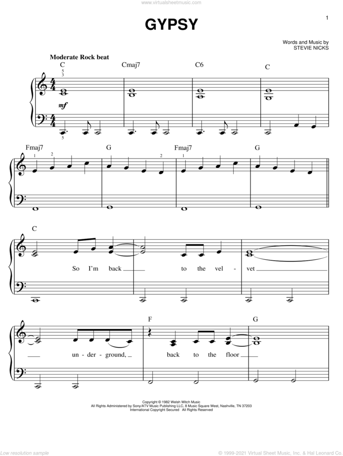 Gypsy sheet music for piano solo by Fleetwood Mac and Stevie Nicks, easy skill level