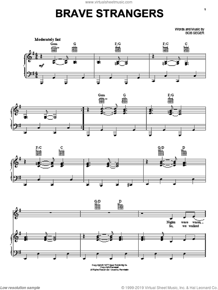 Brave Strangers sheet music for voice, piano or guitar by Bob Seger, intermediate skill level