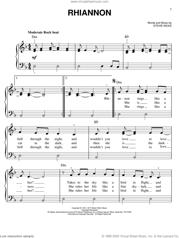 Rhiannon, (easy) sheet music for piano solo by Fleetwood Mac and Stevie Nicks, easy skill level
