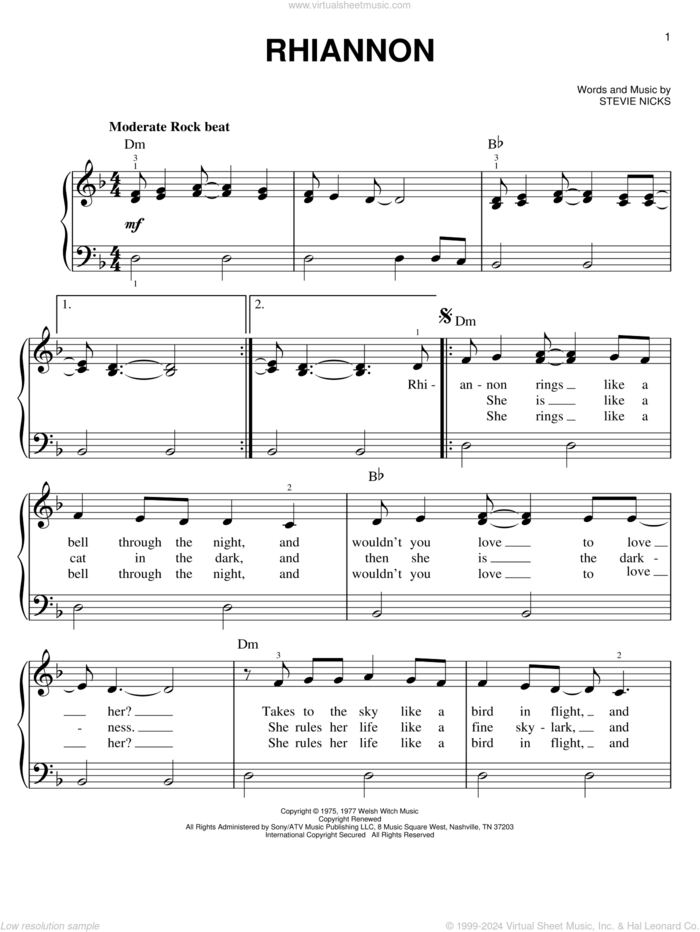 Rhiannon, (easy) sheet music for piano solo by Fleetwood Mac and Stevie Nicks, easy skill level