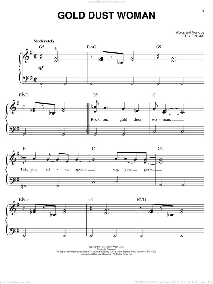 Gold Dust Woman sheet music for piano solo by Fleetwood Mac and Stevie Nicks, easy skill level