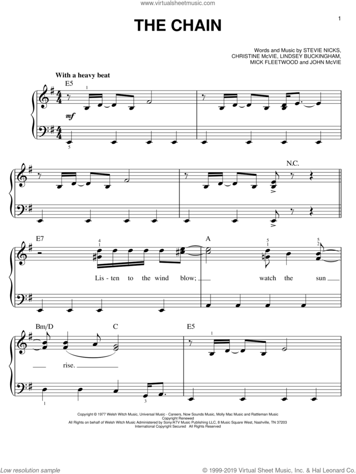 The Chain sheet music for piano solo by Fleetwood Mac, Christine McVie, Mick Fleetwood and Stevie Nicks, easy skill level