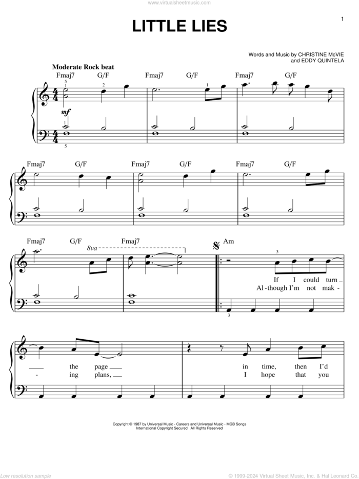 Little Lies sheet music for piano solo by Fleetwood Mac, Christine McVie and Eddy Quintela, easy skill level