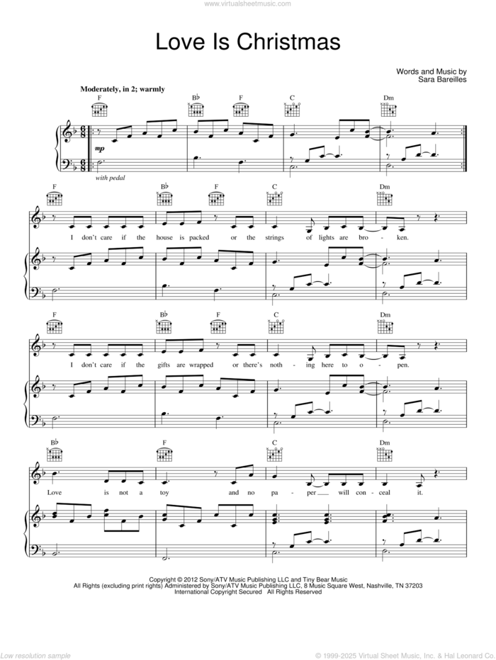 Love Is Christmas sheet music for voice, piano or guitar by Sara Bareilles, intermediate skill level