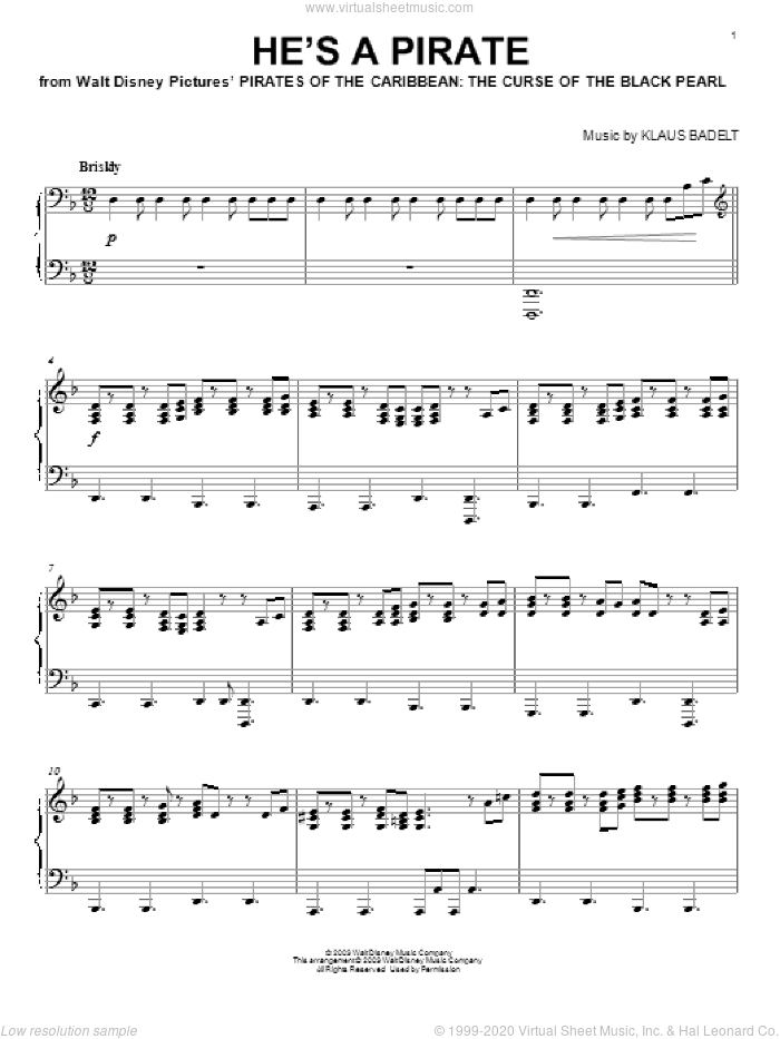 He's A Pirate (from Pirates Of The Caribbean: The Curse of the Black Pearl) sheet music for piano solo by Klaus Badelt and Pirates Of The Caribbean (Movie), intermediate skill level