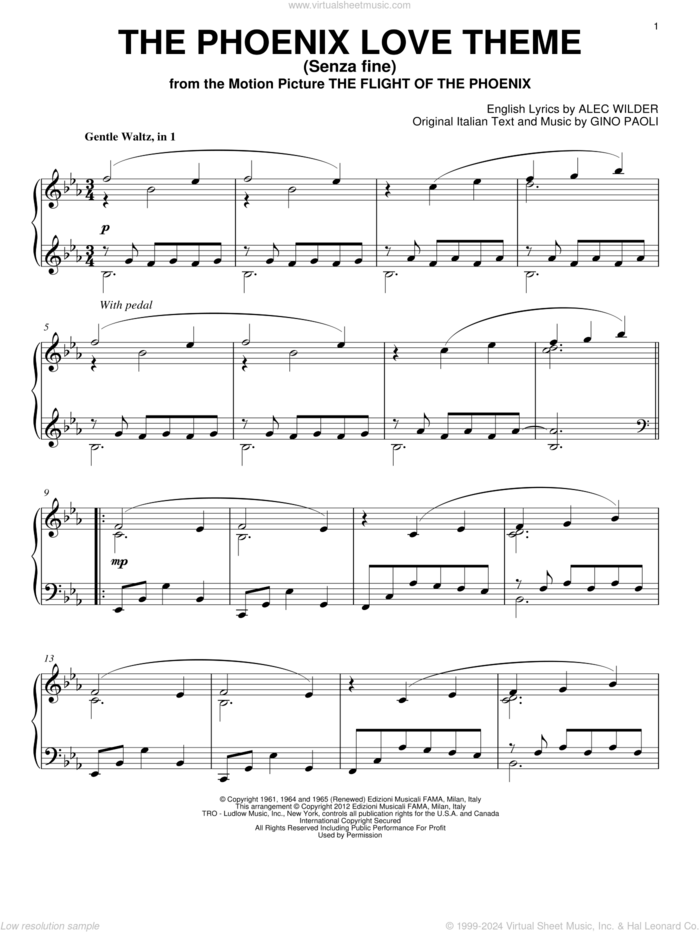 The Phoenix Love Theme (Senza Fine) sheet music for piano solo by Gino Paoli and Alec Wilder, intermediate skill level