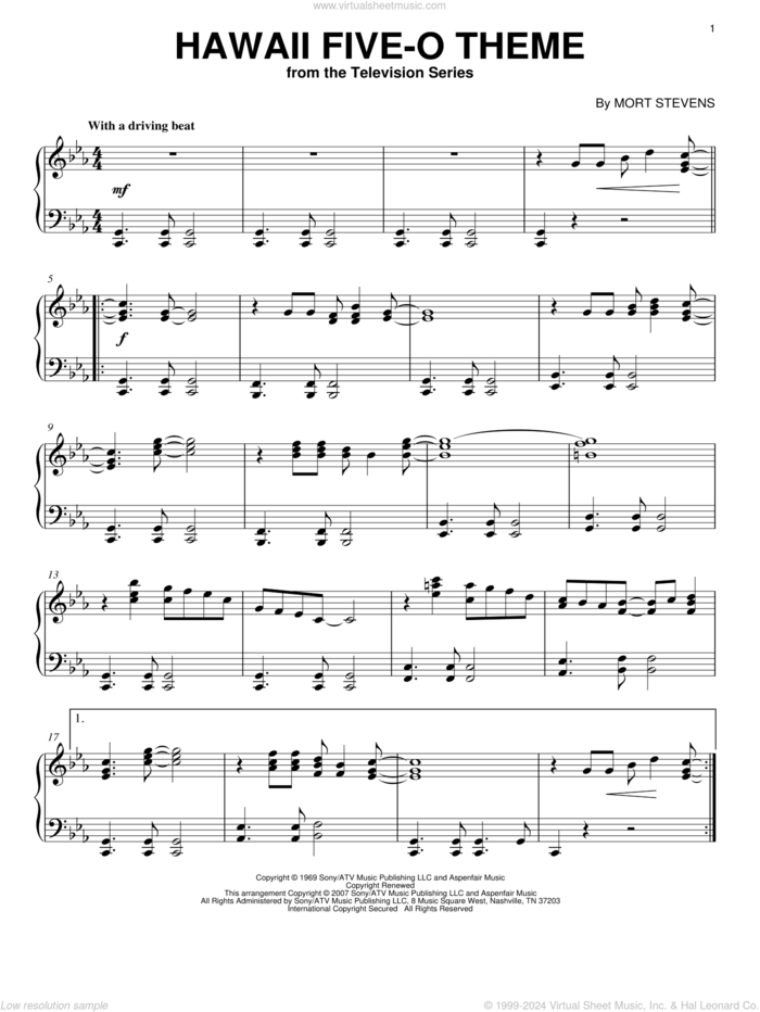 Hawaii Five-O Theme, (intermediate) sheet music for piano solo by The Ventures and Mort Stevens, intermediate skill level