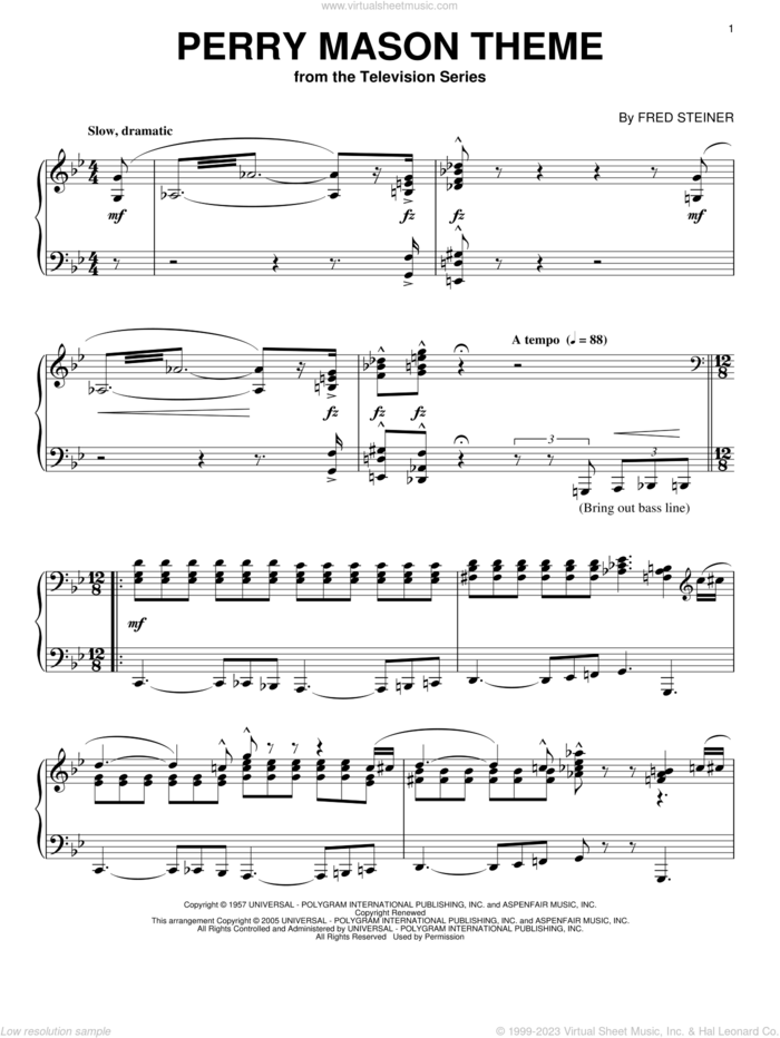 Perry Mason Theme, (intermediate) sheet music for piano solo by Fred Steiner, intermediate skill level