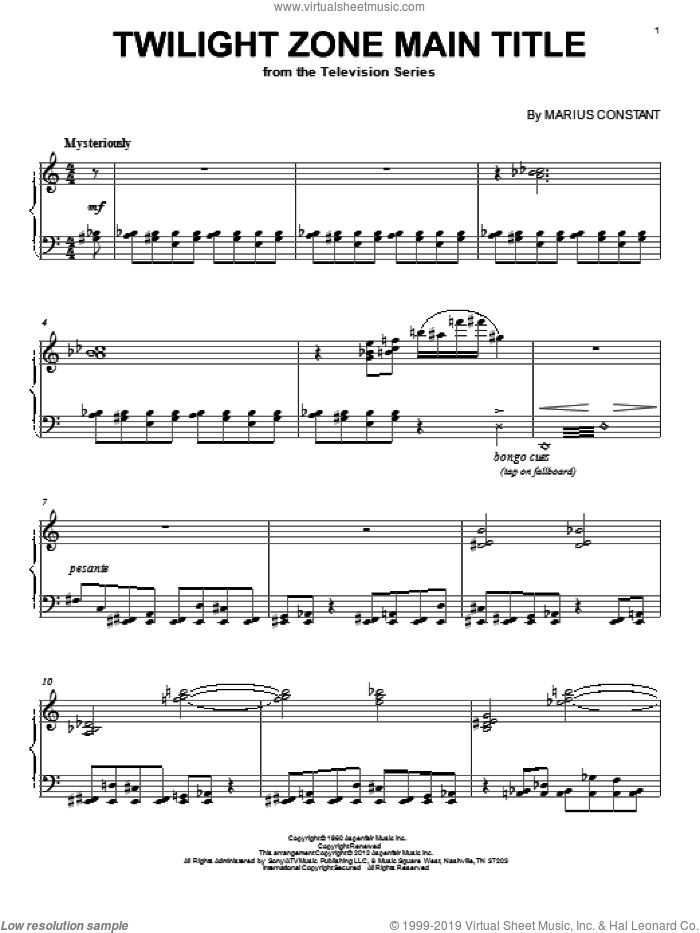 Twilight Zone Main Title sheet music for piano solo by Marius Constant, intermediate skill level