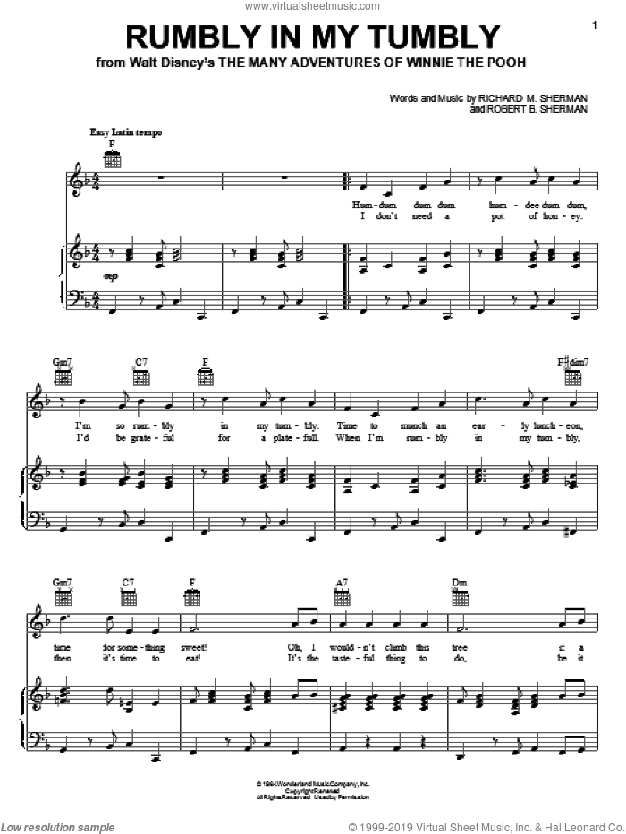 Rumbly In My Tumbly (from The Many Adventures Of Winnie The Pooh) sheet music for voice, piano or guitar by Sherman Brothers, Richard M. Sherman and Robert B. Sherman, intermediate skill level