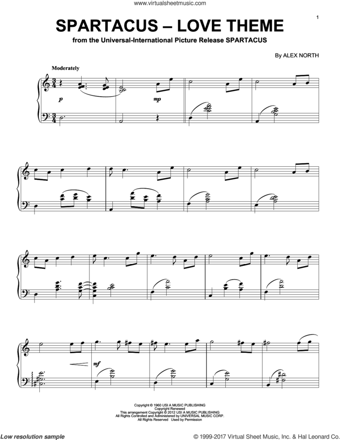 Spartacus - Love Theme, (intermediate) sheet music for piano solo by Alex North, intermediate skill level