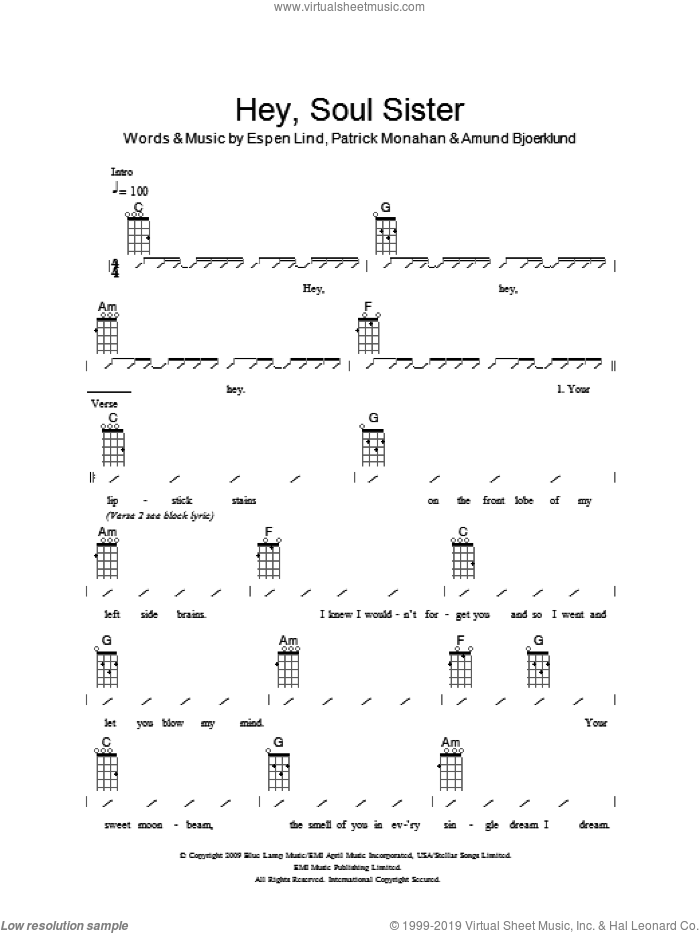 Cafe Modig umoral Hey, Soul Sister sheet music for ukulele (chords) (PDF)