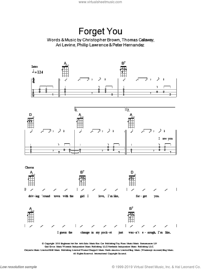 Forget You sheet music for ukulele (chords) by The Ukuleles, Cee Lo Green, Ari Levine, Chris Brown, Peter Hernandez, Philip Lawrence and Thomas Callaway, intermediate skill level