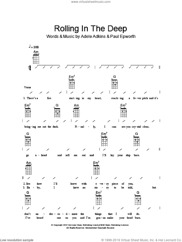 Rolling In The Deep sheet music for ukulele (chords) by The Ukuleles, Adele, Adele Adkins and Paul Epworth, intermediate skill level