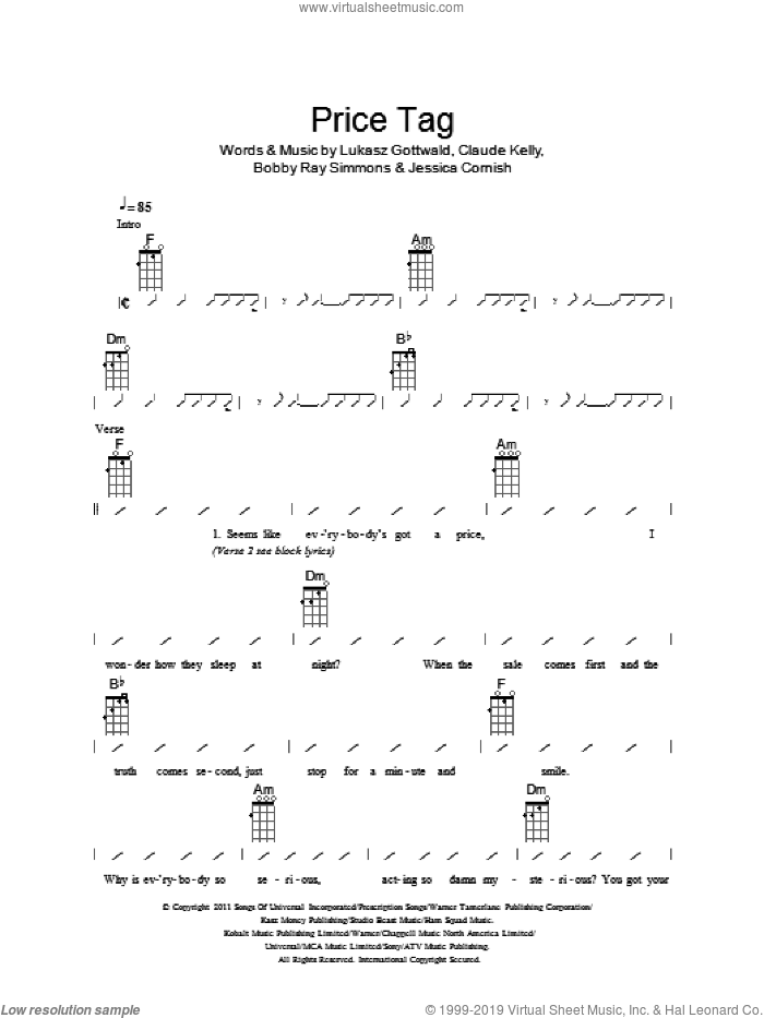 Price Tag sheet music for ukulele (chords) by The Ukuleles, Jessie J, Bobby Ray Simmons, Claude Kelly, Jessica Cornish and Lukasz Gottwald, intermediate skill level