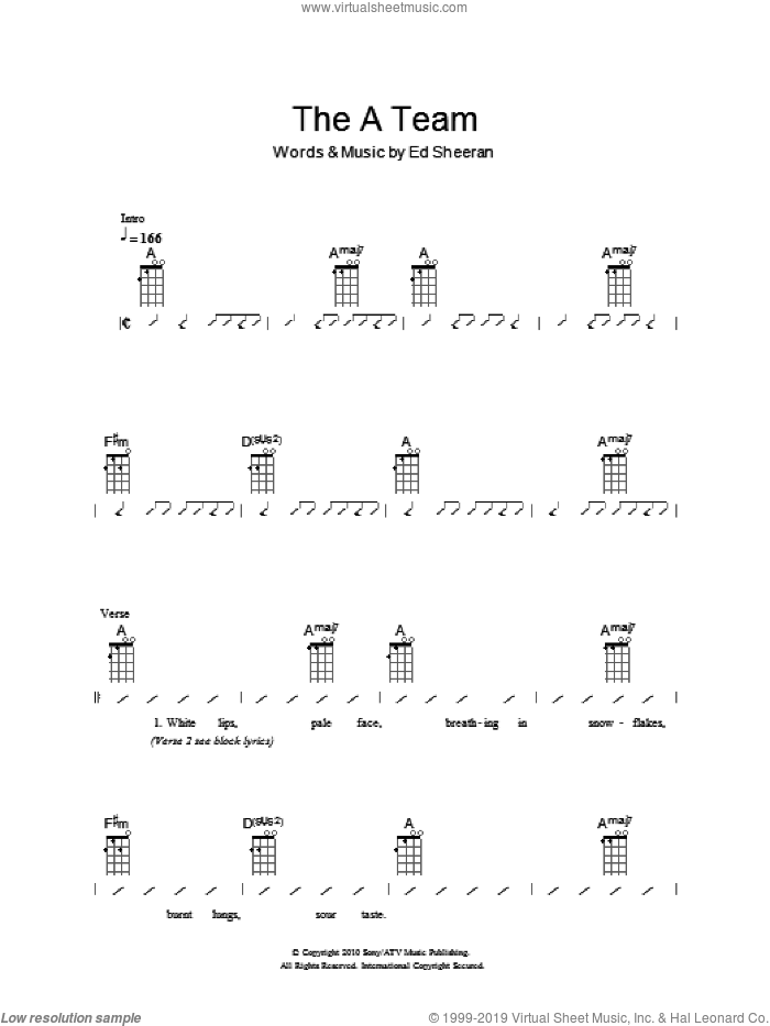 The A Team sheet music for ukulele (chords) by The Ukuleles and Ed Sheeran, intermediate skill level