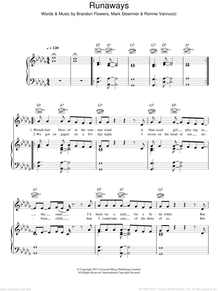 Runaways sheet music for voice, piano or guitar by The Killers, Brandon Flowers, Mark Stoermer and Ronnie Vannucci, intermediate skill level