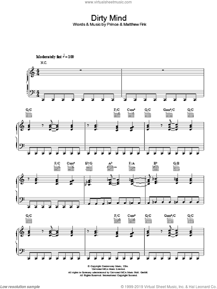Dirty Mind sheet music for voice, piano or guitar by Prince and Matthew Fink, intermediate skill level