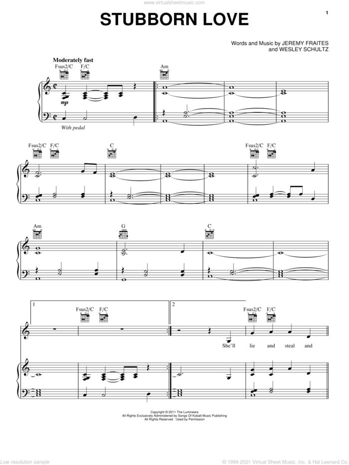 Stubborn Love sheet music for voice, piano or guitar by The Lumineers, Jeremy Fraites and Wesley Schultz, intermediate skill level