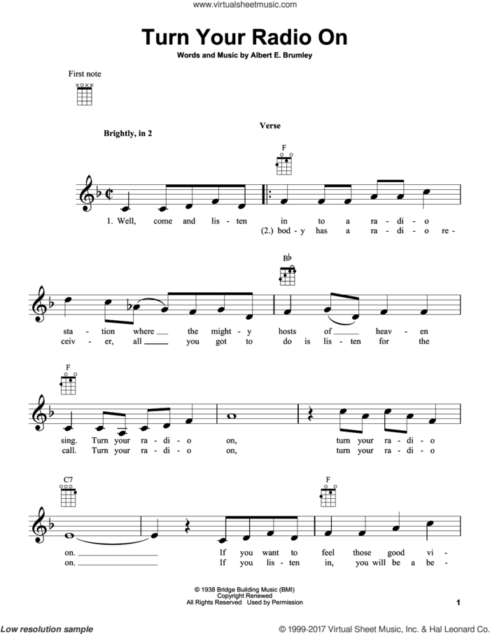 Turn Your Radio On sheet music for ukulele by Albert E. Brumley, intermediate skill level