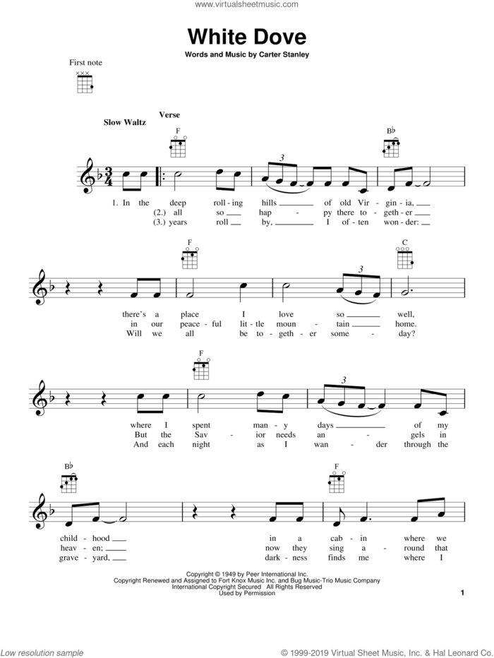 White Dove sheet music for ukulele by Carter Stanley, intermediate skill level
