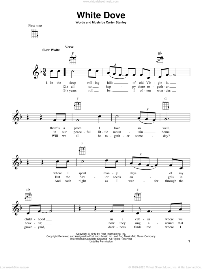 White Dove sheet music for ukulele by Carter Stanley, intermediate skill level