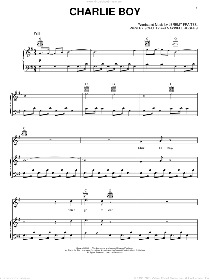 Charlie Boy sheet music for voice, piano or guitar by The Lumineers, Jeremy Fraites, Maxwell Hughes and Wesley Schultz, intermediate skill level
