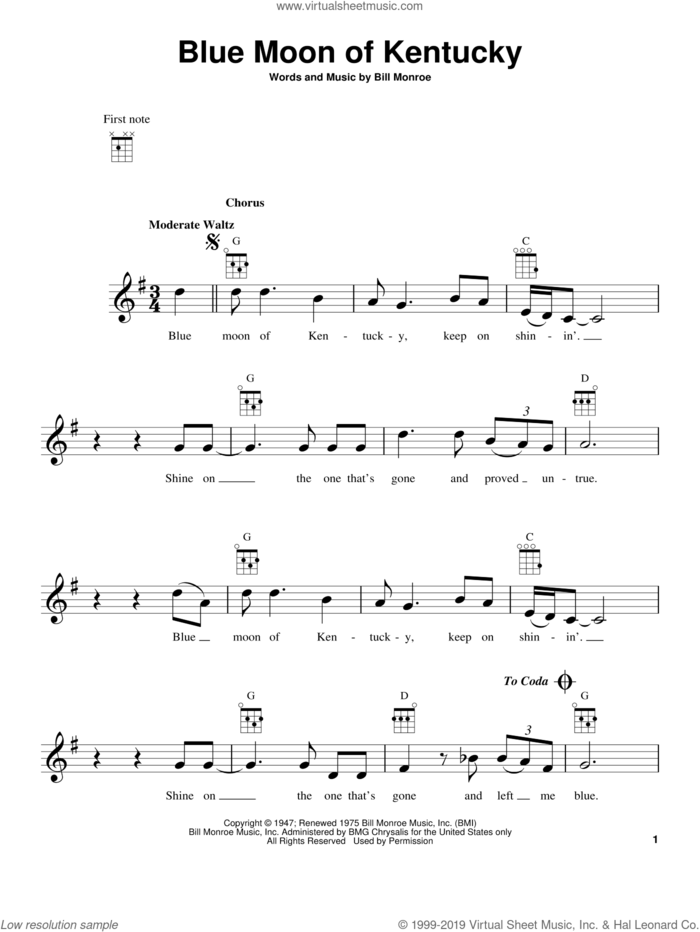 Blue Moon Of Kentucky sheet music for ukulele by Bill Monroe, Elvis Presley and Patsy Cline, intermediate skill level