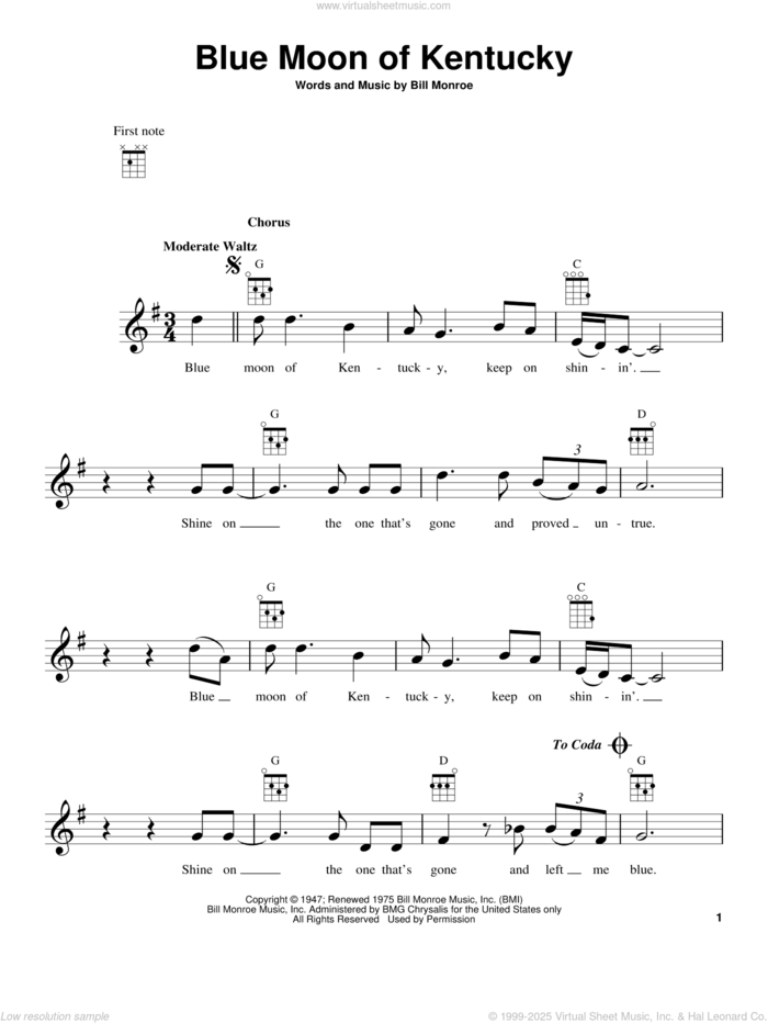 Blue Moon Of Kentucky sheet music for ukulele by Bill Monroe, Elvis Presley and Patsy Cline, intermediate skill level