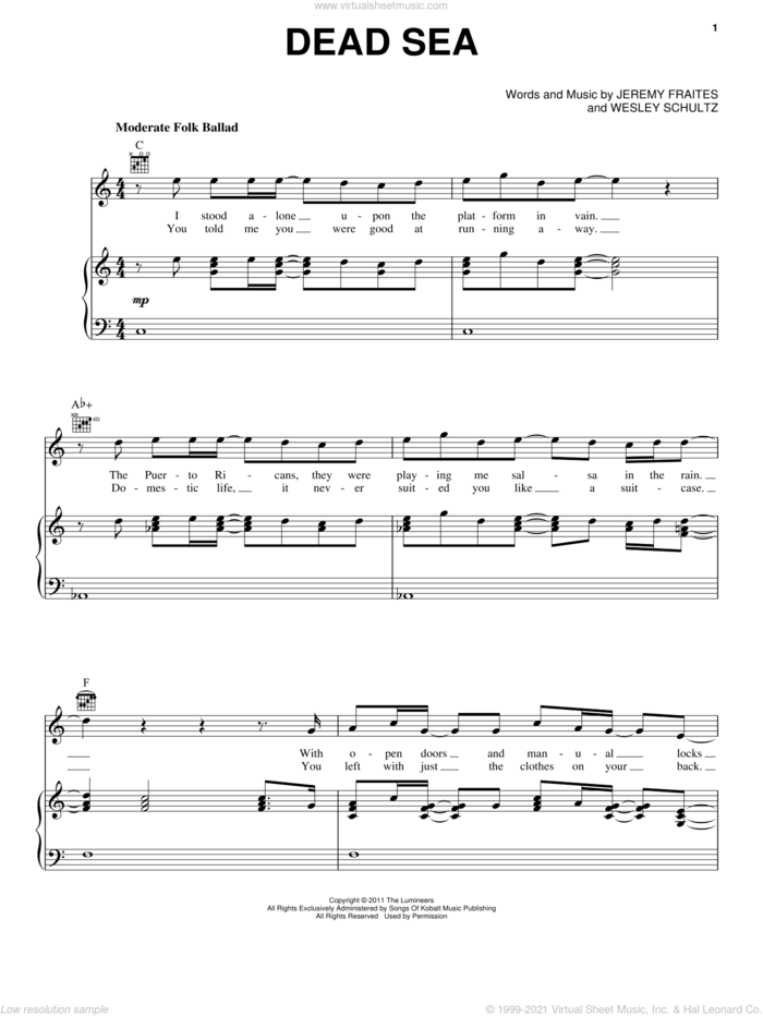Dead Sea sheet music for voice, piano or guitar by The Lumineers, Jeremy Fraites and Wesley Schultz, intermediate skill level