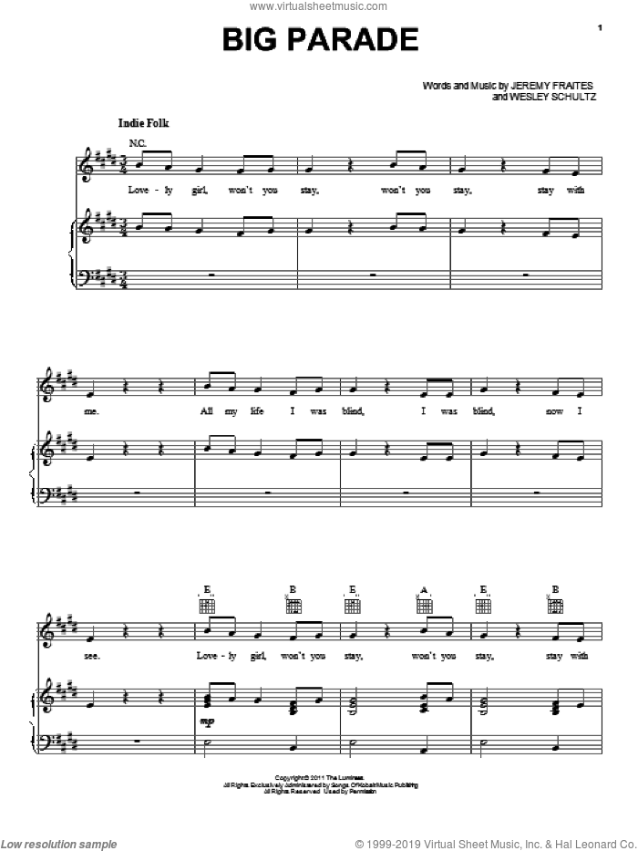Big Parade sheet music for voice, piano or guitar by The Lumineers, Jeremy Fraites and Wesley Schultz, intermediate skill level