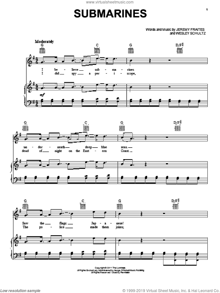 Submarines sheet music for voice, piano or guitar by The Lumineers, Jeremy Fraites and Wesley Schultz, intermediate skill level