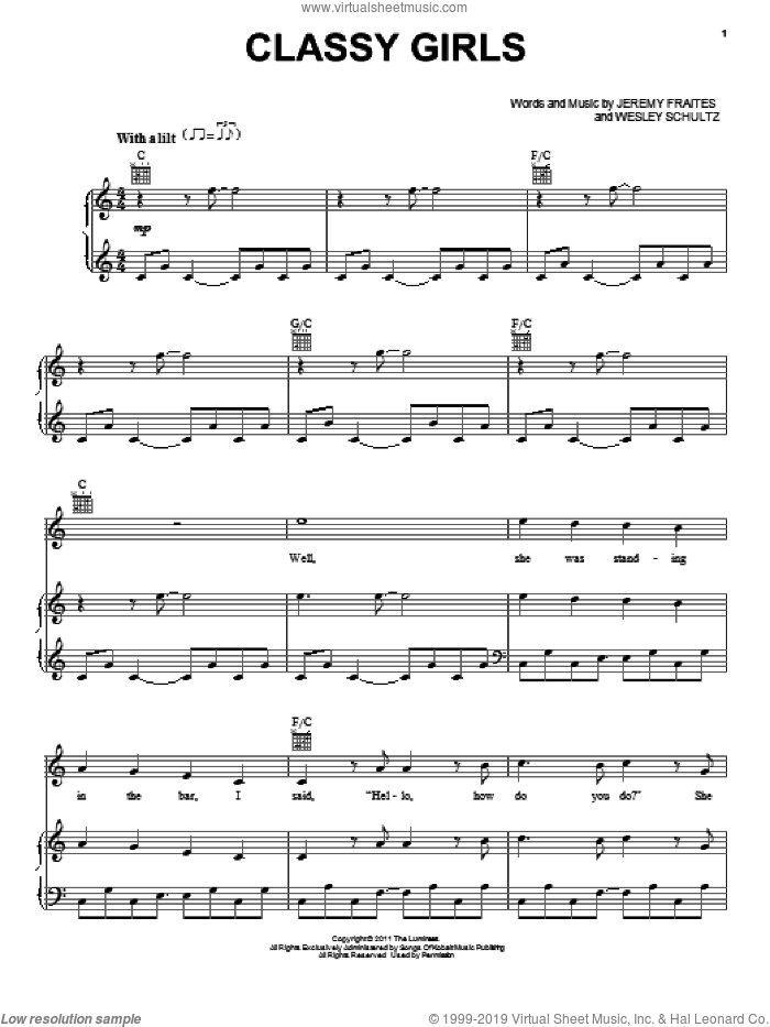 Classy Girls sheet music for voice, piano or guitar by The Lumineers, Jeremy Fraites and Wesley Schultz, intermediate skill level