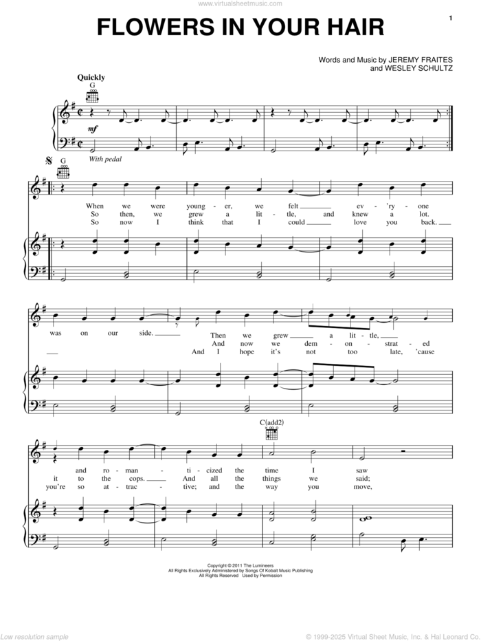 Flowers In Your Hair sheet music for voice, piano or guitar by The Lumineers, Jeremy Fraites and Wesley Schultz, intermediate skill level