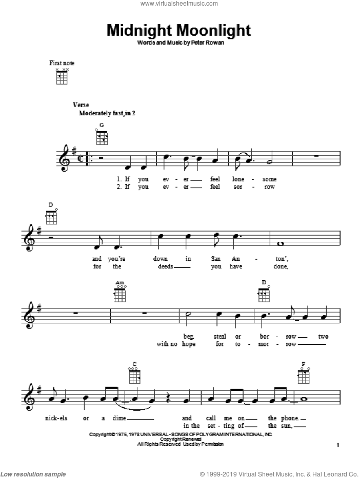 Midnight Moonlight sheet music for ukulele by Peter Rowan, intermediate skill level