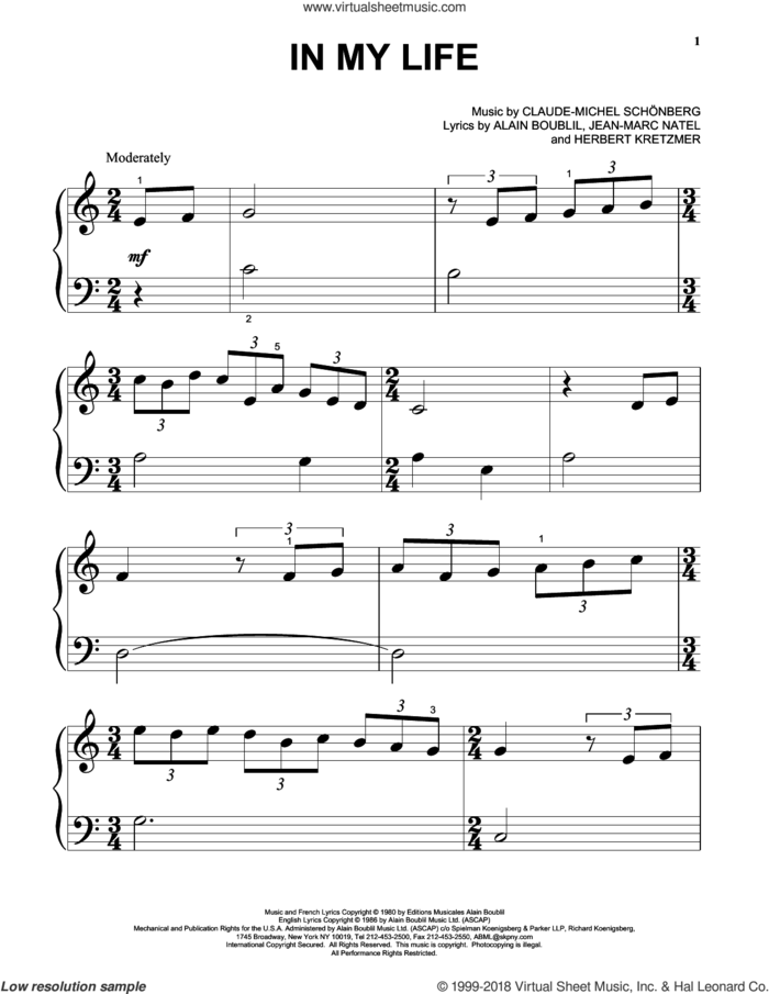 In My Life sheet music for piano solo by Claude-Michel Schonberg and Alain Boublil, beginner skill level