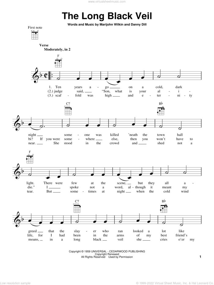 The Long Black Veil sheet music for ukulele by Lefty Frizzell, Danny Dill and Marijohn Wilkin, intermediate skill level