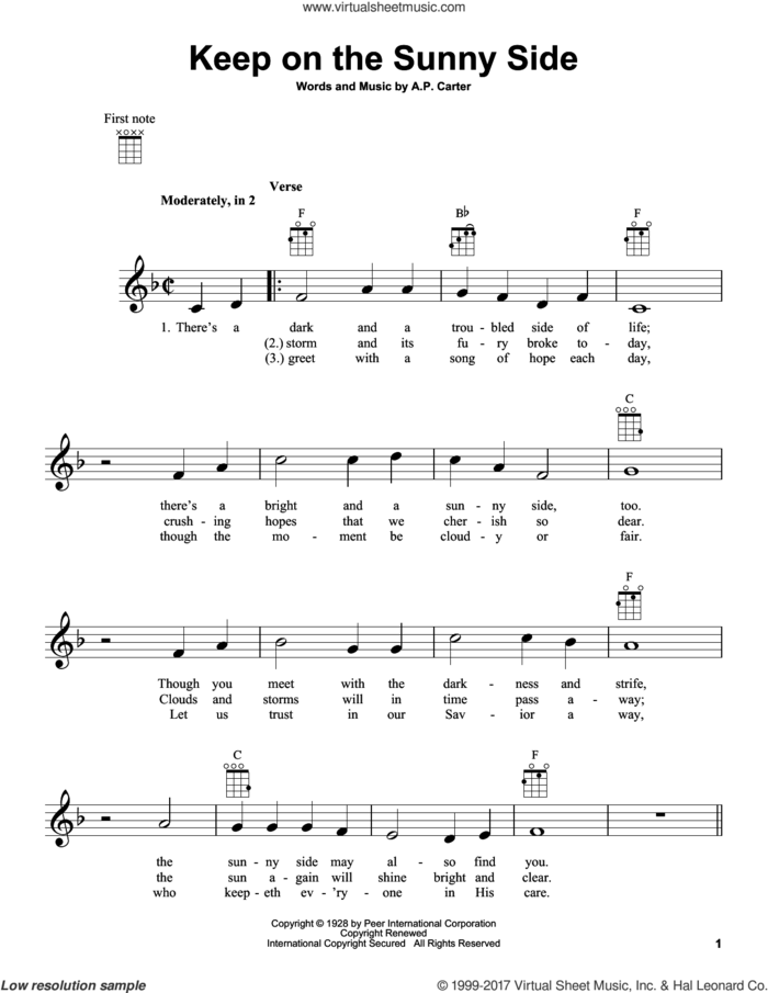 Keep On The Sunny Side sheet music for ukulele by The Carter Family and A.P. Carter, intermediate skill level