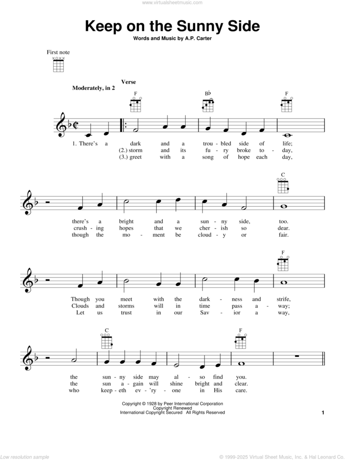 Keep On The Sunny Side sheet music for ukulele by The Carter Family and A.P. Carter, intermediate skill level