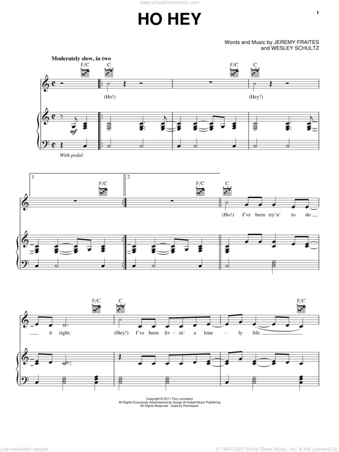 Ho Hey sheet music for voice, piano or guitar by The Lumineers, Jeremy Fraites and Wesley Schultz, intermediate skill level